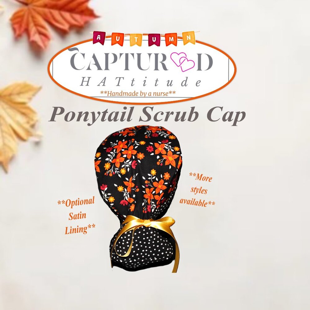 Womens Autumn Flowers Ponytail Scrub Cap, Handmade NWOT